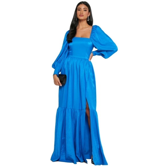 NWT Virgos Lounge Balloon Sleeve Square Neck Cut Out Festive Tiered Maxi Dress - Picture 1 of 16